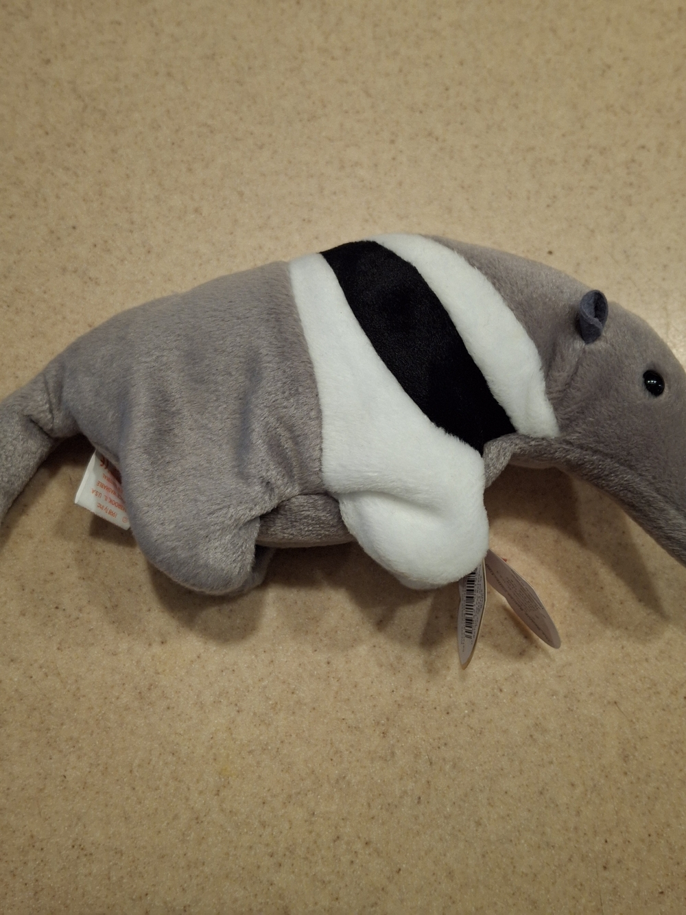 Ty Gray and White Anteater Plush with Black Stripe Beanie Baby